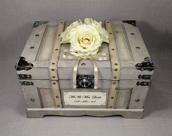 Wooden Wedding Card Box Trunk. Vintage Shabby Chic Wedding Decor. Neutral with Ivory, Champagne, Pearl. Rustic Card Holder. Wooden Money Box