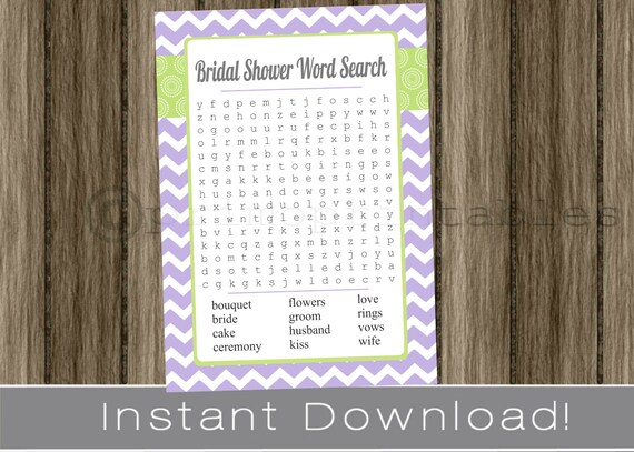 Lavender and green BRIDAL Shower Word Search game cards / INSTANT DOWNLOAD / chevron / diy printable digital file / wedding shower game Il_570xn