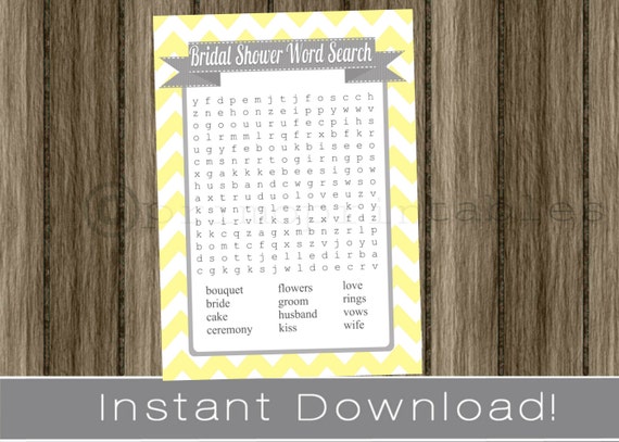 BRIDAL Shower Word Search game cards / yellow and gray / chevron / INSTANT DOWNLOAD / diy printable digital file / wedding shower game Il_570xn