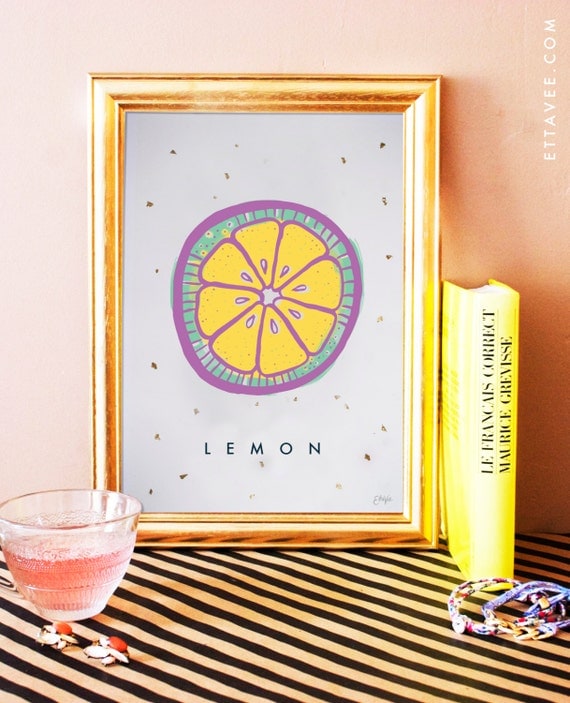 Lemon / Citron illustrated digital print poster with gold leaf flakes