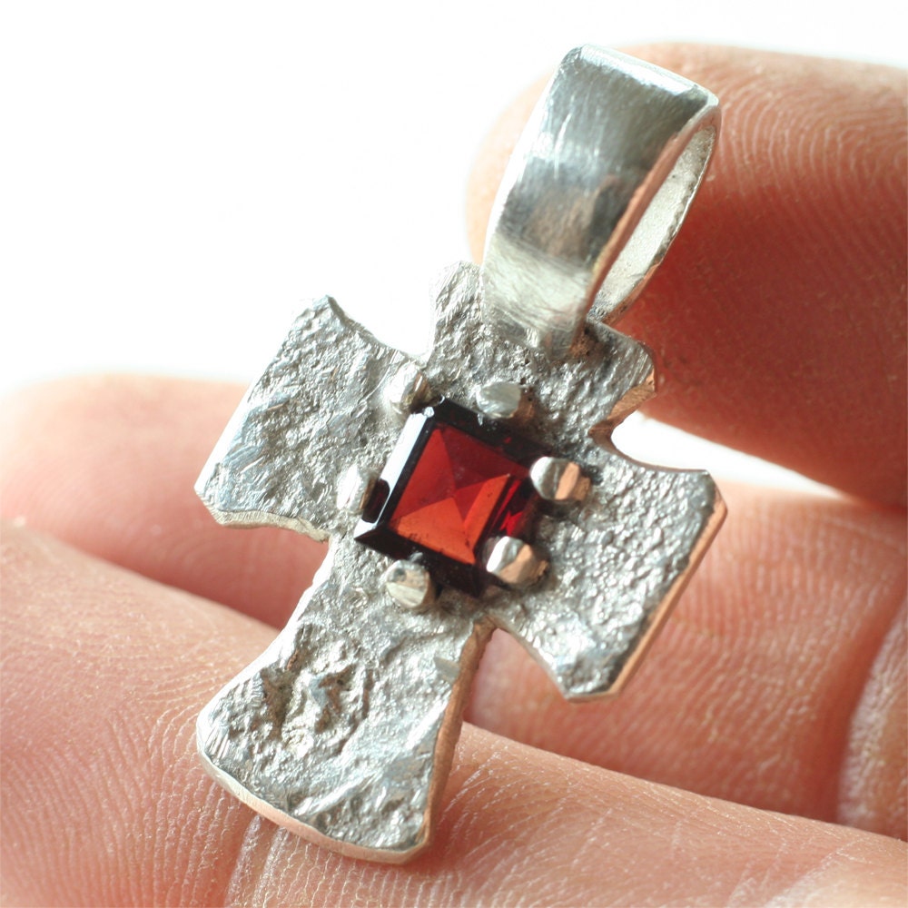 sterling silver cross pendant faceted garnet by EarthandSkyAlchemy