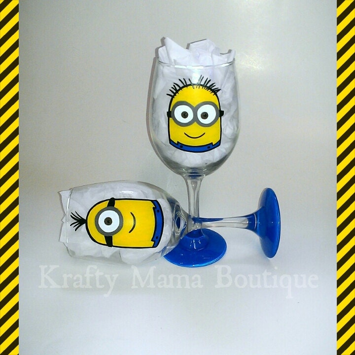 Minion Hand Painted Wine Glass by kraftymamaboutique on Etsy
