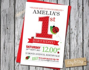 Ladybird 1st Birthday Invitation, Ladybug invitation, PRINTABLE 1st Birthday Invitation, Girls Birthday Party 6x4 or 5x7 - Ladybug Theme