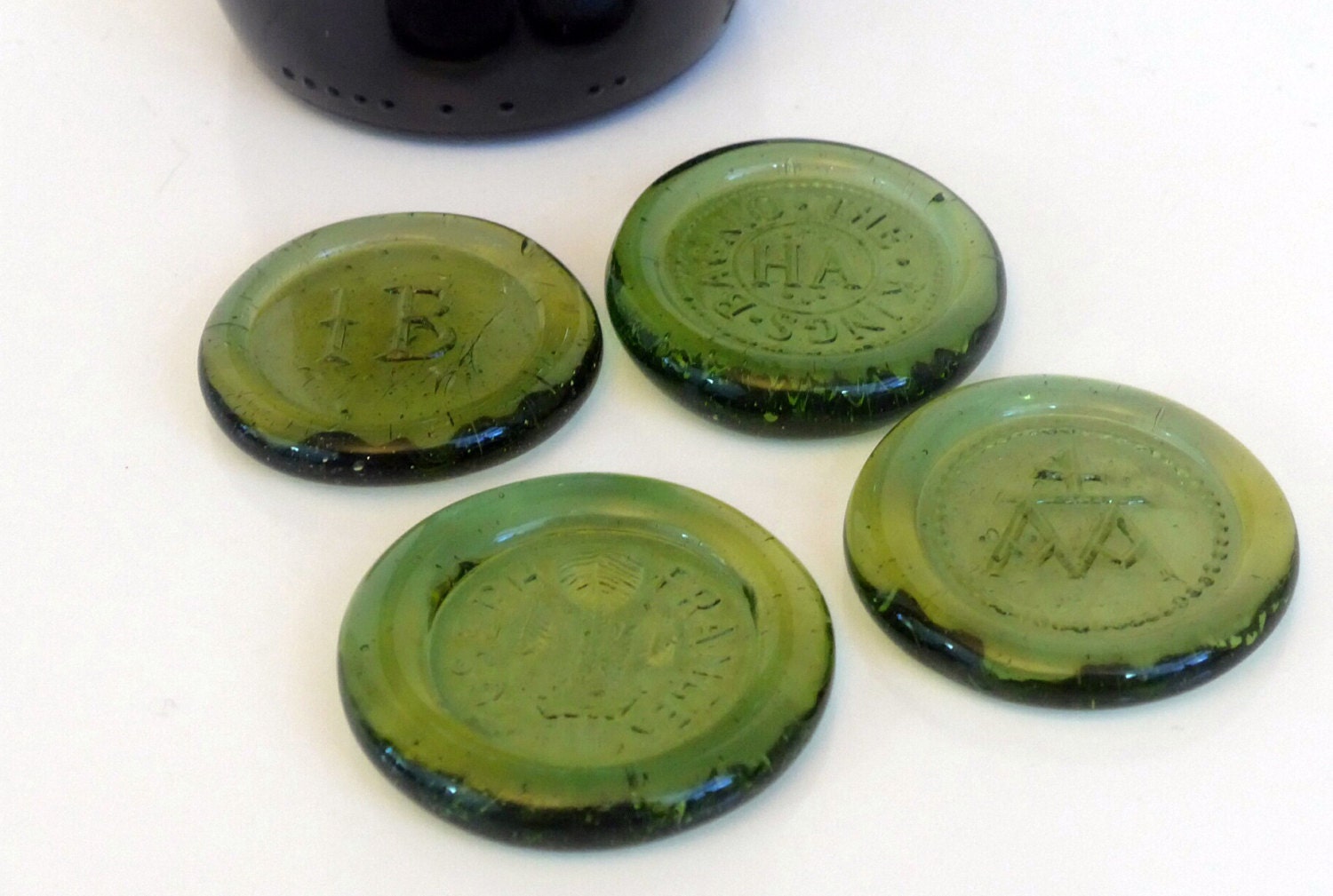 4 Glass Bottle Seals Vintage 1970s Reproduction of English Bottle