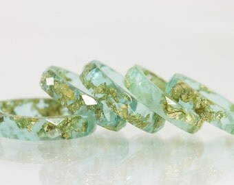 Resin Ring - Teal Blue Eco Resin Faceted Ring with Gold Flakes