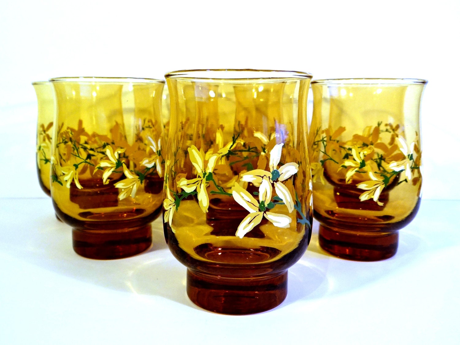 Vintage Set of 8 Libbey Amber Rock Sharpe Glasses with Embossed Flowers ...