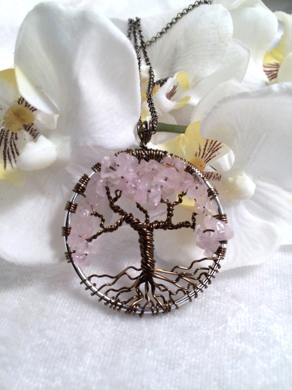 Tree Of Life Necklace Rose Quartz Pendant Silver Chain Brown