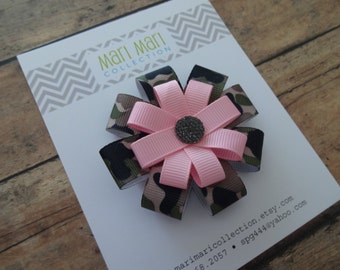 Camo with Pink Hair Bow, Camo Hair Bow, Camo Hair Clip, Camo Hair Accessory, Pink Camo Hair Bow, Pink Camo Hair Clip, Camouflage Bow Pink