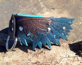 Wing Hand Tooled Leather Dog Collar - Turquoise Liner