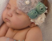 Sage and Cream Aerie Headband-Rosette Shabby Flower-Ivory Beige- Pearl- Baby Girl Hair Clip Photo Prop- Wedding