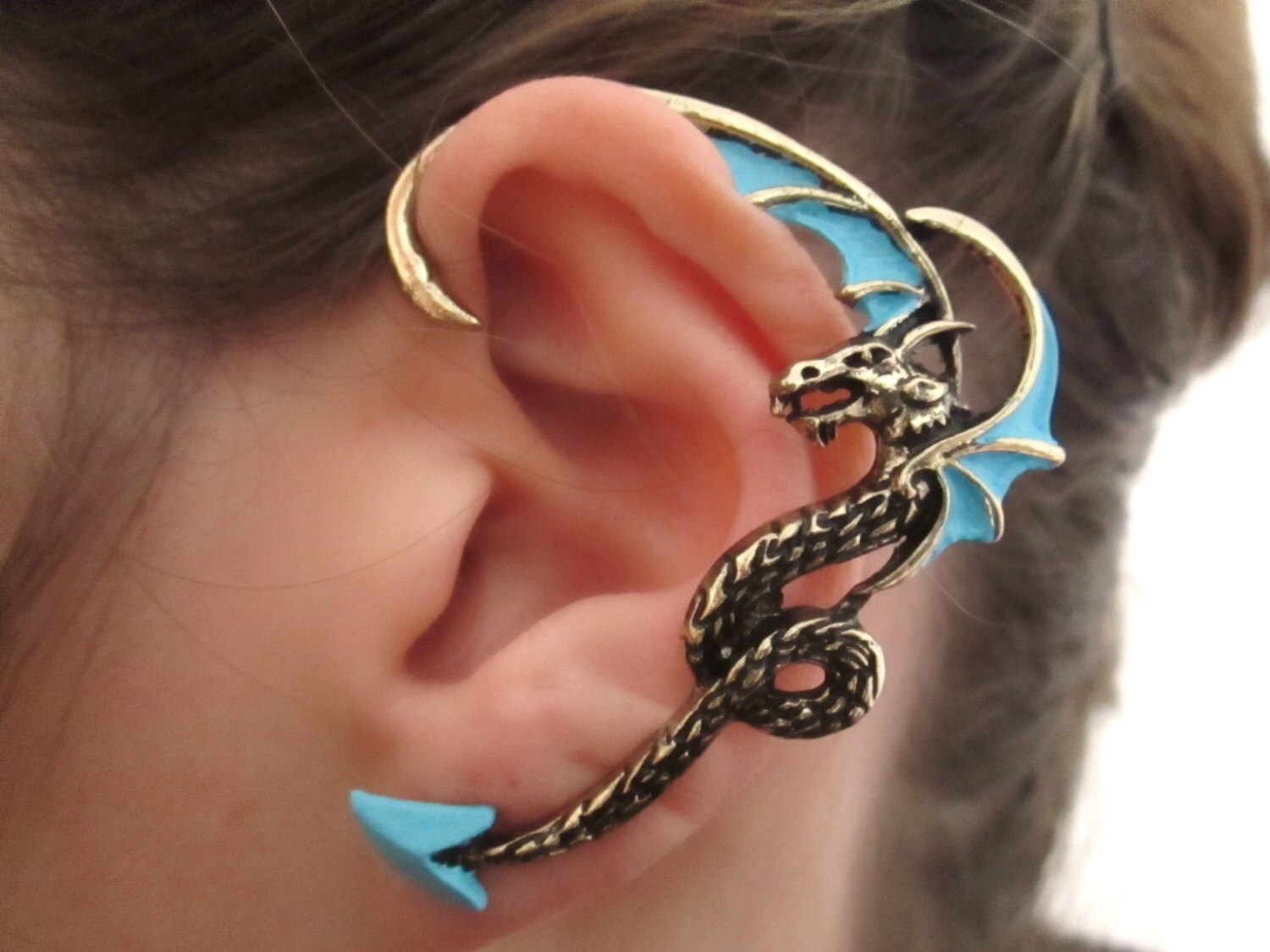 Dragon ear cuff with turquoise wings gold dragon jewelry