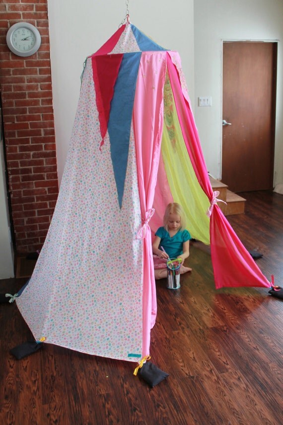 Magical hanging play tent made from upcycled fabrics