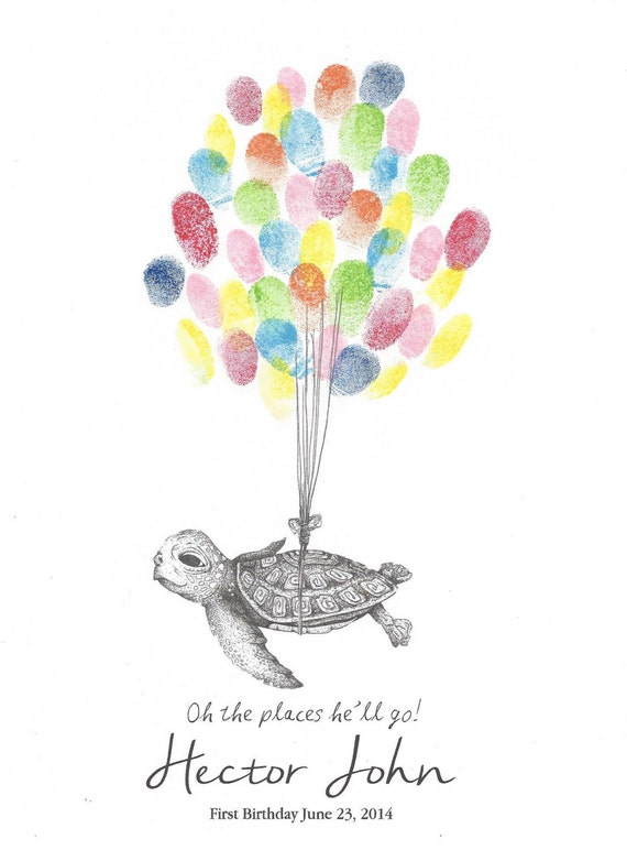 Sea Turtle being lifted by Balloons Fingerprint Guest Book