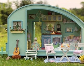 Miniature Dollhouse DIY Kit Trailer with LED Light and Music Box Cute Room House Model Time Travel