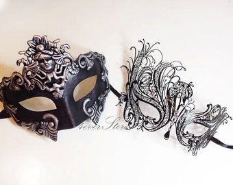New! Couples Masquerade Masks, His & Hers Phantom Masquerade Masks - Bestselling Black Half Mask and Laser Cut Masquerade Mask with Diamonds