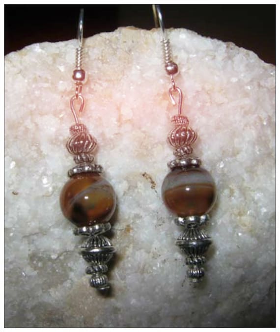 Beautiful Silver Hook Earrings with Brown Striped Agate by IreneDesign2011