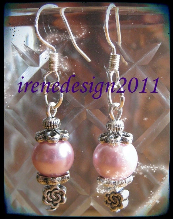 Handmade Silver Hook Earrings with Light Pink Pearls & Roses by IreneDesign2011