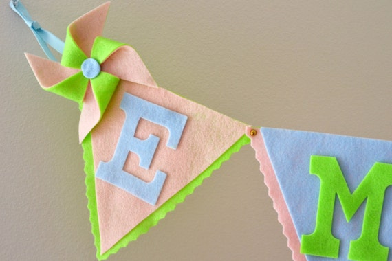 Pinwheel Blue Pink & Green Felt / Baby Name Banner / Birthday Baby Shower Decor / Other Colors Available / Custom Handmade Party Banners Il_570xn