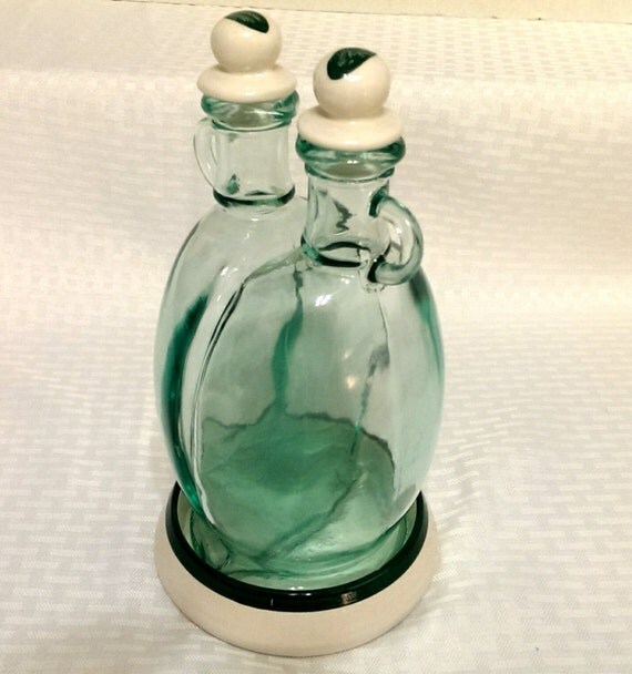 Vintage Oil & Vinegar Set Cruet Set Italian Glass Green