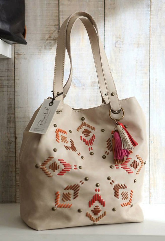 Cream leather bag, natural hobo purse, school bag, oversized purse