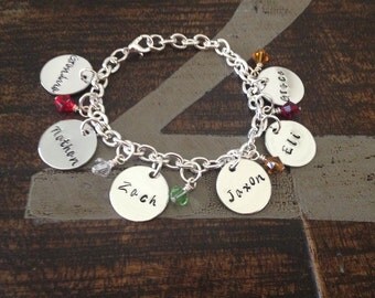 Personalized Charm Bracelet Grandma Bracelet Grandchild Bracelet Handstamped Jewelry Birthstone Jewelry Mom Charm Bracelet Grandma Gift
