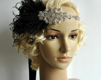 Black Feathers 1920s Rhinestone Headpiece,1920's head piece,Flapper headband,1930's,crystal headband, Rhinestone flapper headpiece in black