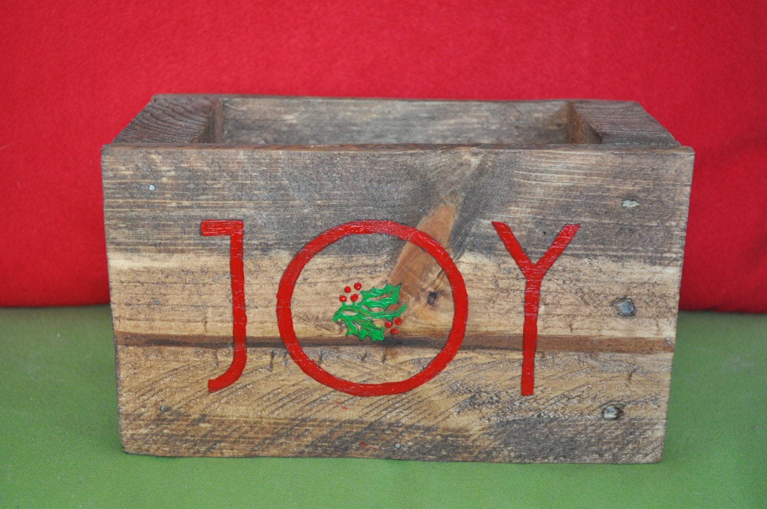 JOY wooden Christmas box, Handpainted and crafted with repurposed wood, Holiday Card holder, Wine bottle caddy, Holiday party gift, Candle