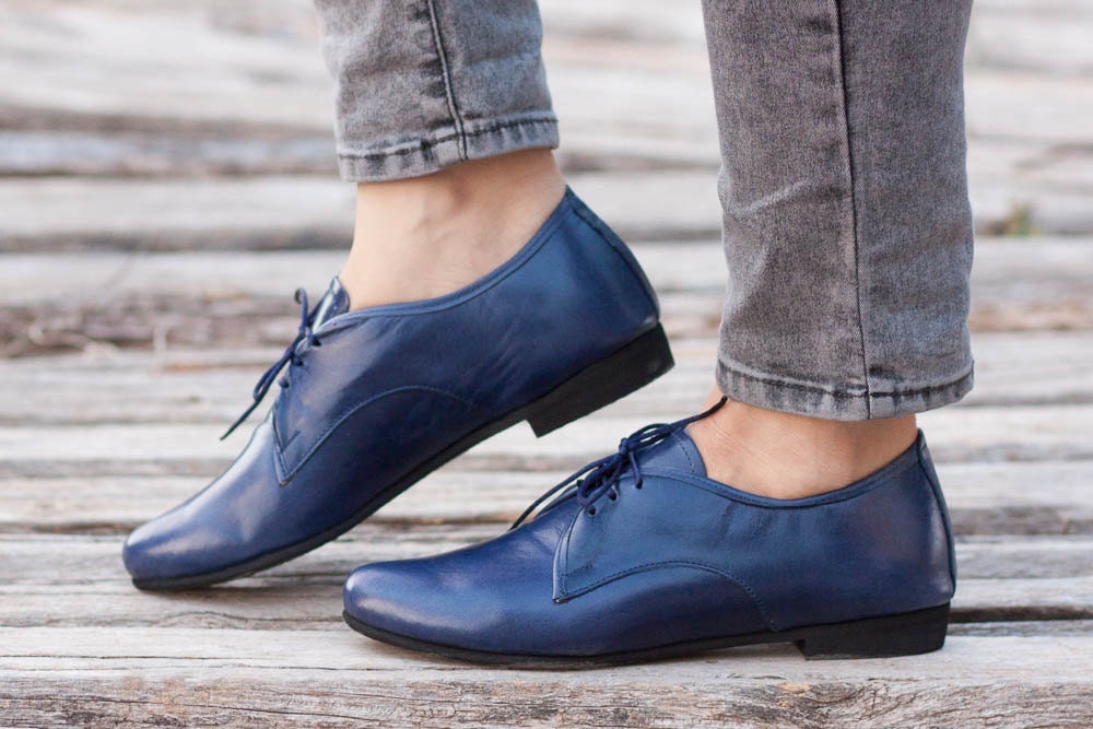Leather Women Shoes Blue Oxford Shoes Close Shoes Flats