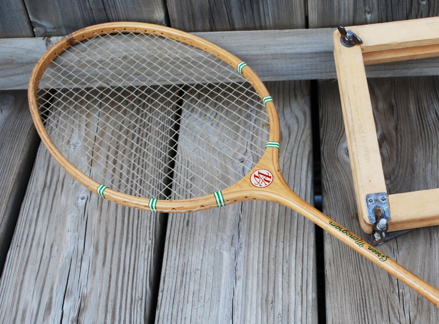 Vintage Wood Badminton Racket with Wood Press by TheWhiskeyBarrel