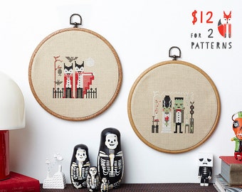 Spooky Halloween cross stitch pattern PDF download - two designs - both includes colour chart and instructions