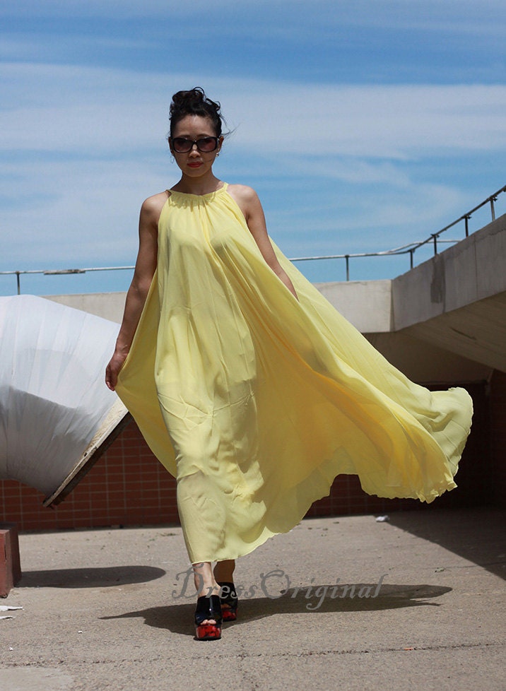 Long jaune en mousseline de soie robe de soirée mariage fête
