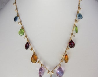 BlueTopaz Pendant, Purple Amethyst, Citrine, Garnet, Peridot, Blue Topaz, Pearl Handmade Rainbow Necklace with 14K Gold Chain
