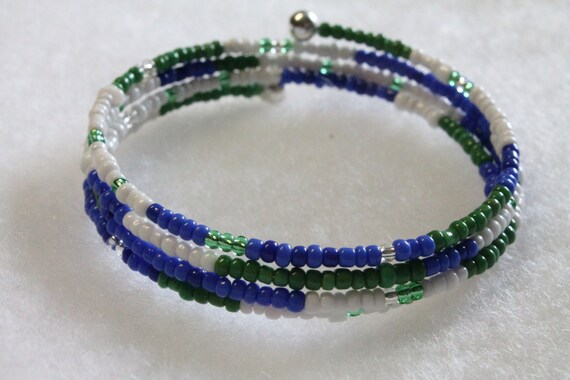 Seed Bead Memory Wire Wrap Bracelet Blue Green By Betsysbeading 