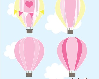 Hot Air Balloons Digital Clip Art - PNG and JPEG files / clipart / Clouds / Bunting / Hearts / instant download