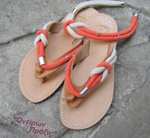 Greek decorated leather sandals with nautical knot.Women's rope shoes.