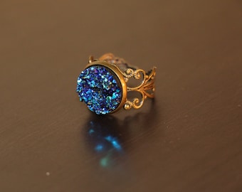 Peacock Ore Regal Ring - Druzy Ring - Antique Bronze Adjustable Ring
