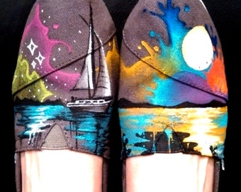 Hand Painted Shoes Custom TOMS Nautical Shoes Sailboat and Sea Compass and Anchor Colorful Sunset Custom Kicks Beach Clothing Marine Design