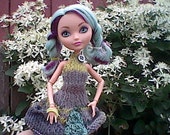 Custom green and gray dress with purse & knee high socks for Ever after high dolls.