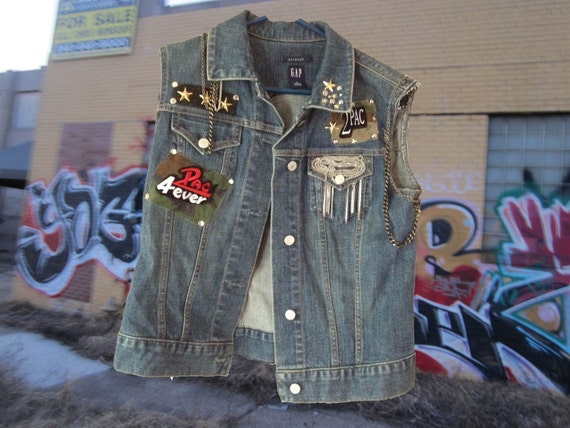 Hand Crafted 2pac Thug Life Denim Jean Jacket Vest medium