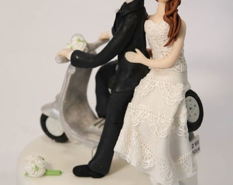 Wedding bride and groom Cake Topper on vespa