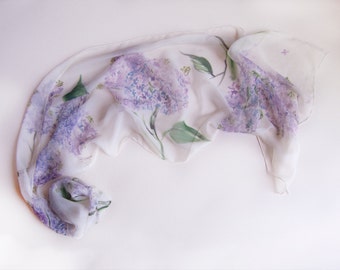 Hand painted silk chiffon scarf-The Lilacs. Floral Handpainted scarves. Lightweight scarf OOAK. White Silk Chiffon Shawl, Woman accessory