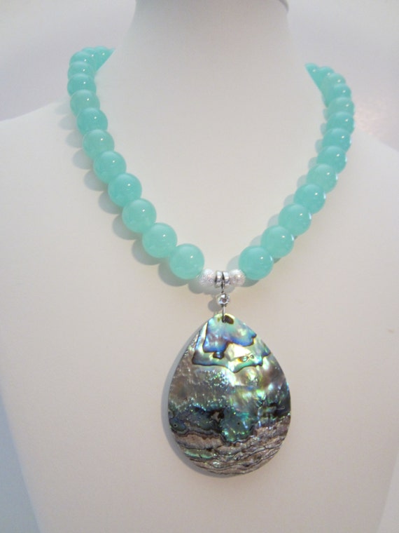 Aqua Malaysian Jade Necklace with Abalone pendant Beach