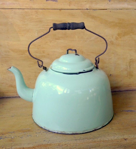 Large Green Enamel Tea Kettle Farmhouse Vintage Enamelware