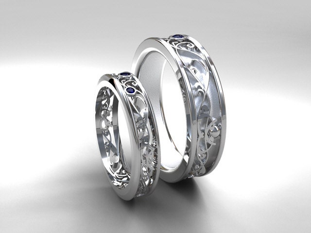 wedding band set white gold sapphire wedding band mens sapphire ring filigree - Sapphire Wedding Ring Sets wedding band set white gold sapphire wedding band mens sapphire ring filigree - Sapphire Wedding Ring Sets