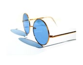 Summer of Love Sunglasses / Round Hippie Gold Sunglasses / NOS / Sky Blue Lenses / Made in Japan / 1960s Vintage / Festival Glasses