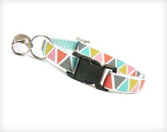 Boho Cat Collar - "Bizarre Love Triangle" - Tribal Geometric on Mint - Breakaway Buckle or Non-Breakaway - Sizes for Cat, Kitten, Small Dog
