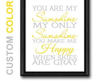 you are my sunshine wall art, yellow and gray sunshine print, nursery rhyme decor, sunshine nursery wall sayings, nursery song print