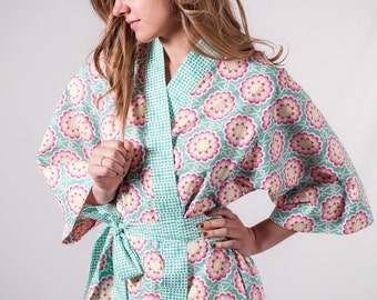 Kimono Robe • Womens Plus Size Long Cotton Robe • Maternity Hospital Gown • Bathrobe • Dressing gown • Getting Ready • CHR Aqua Pink