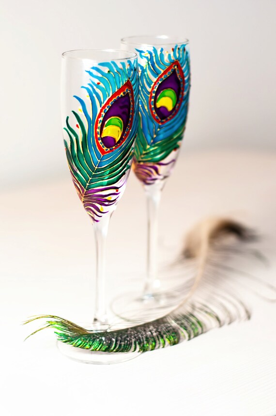 Peacock Feather Champagne Flutes Hand Painted Custom Wedding