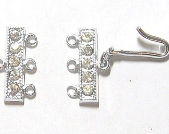 Silver Rhinestone Rhodium Plated Hook Clasps 2 pairs - Triple Strand Necklace Findings Mint condition